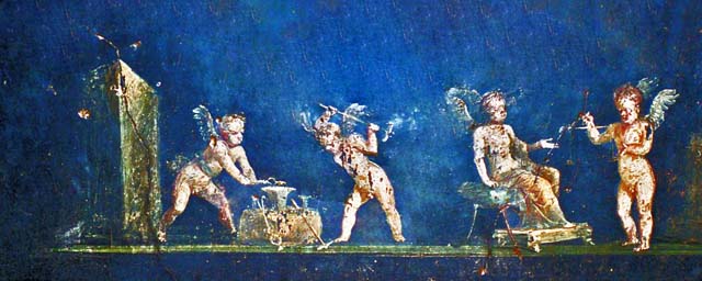 VI.15.1 Pompeii. March 2023. East wall with part of painted panel of